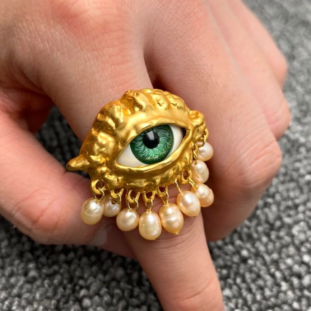 Vintage Pearl Fringe Evil Eye Matte Gold Plating As Protection from Harm - NEW